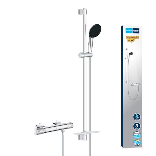 GROHE Precision Feel - Thermostat Brauseset wassersparend ~8l/min (3 Strahlarten, CoolTouch - kein Verbrühen am Thermostat, 90cm Brausestange, inkl. Montagewerkzeug), rund, chrom, 34853001 von Grohe