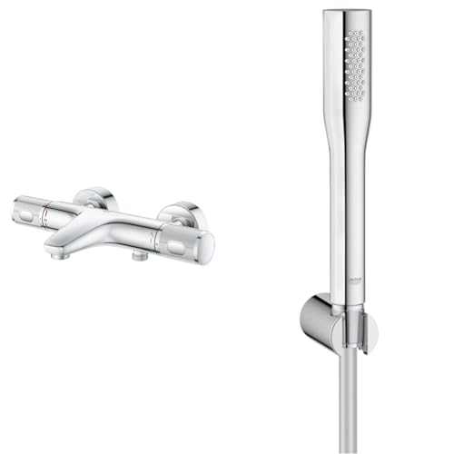 GROHE Precision Feel - Thermostat-Wannenbatterie, chrom, 34788000 & Euphoria Cosmopolitan - Handbrause (wassersparend, inkl. Brauseschlauch und Handbrausehalter, Antikalk-System), chrom, 27369000 von Grohe