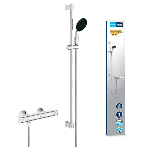 GROHE Precision Start - Thermostat Brauseset wassersparend 8l/min (1 Strahlart, Sicherheitssperre bei 38°C, 90cm Brausestange, inkl. Montagewerkzeug), rund, chrom, 34854001 von Grohe