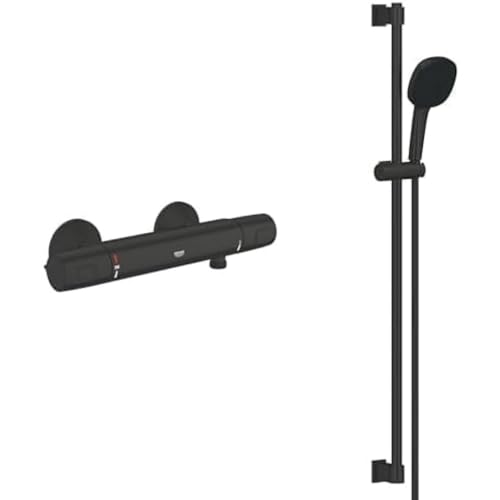GROHE Precision Trend - Brausestagnenset inkl. Thermostat- Brausebatterie (wassersparend, 110mm Handbrause, 2 Strahlarten, 900mm Brausestange), eckig, matt schwarz von GROHE