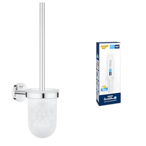 GROHE Start Cosmopolitan - Toilettenbürstengarnitur (Material: Glas/Metall, Wandmontage, vedeckte Befestigung), Chrom, 41169000 + Kleber für Badaccessoires von Grohe