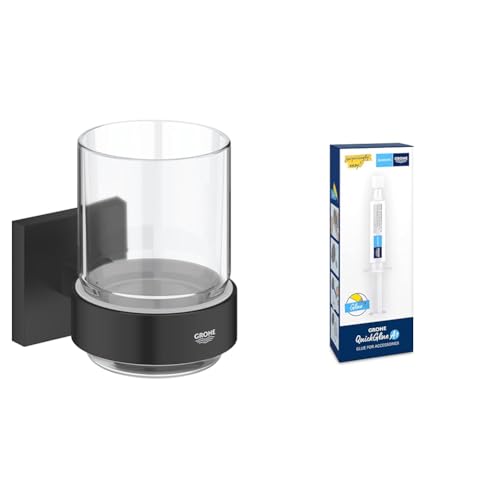 GROHE Start Cube - Glas mit Halter- Set (Material: Glas/Metall, inkl. QuickGlue A1: Klebeset für einen Klebepunkt, verdeckte Befestigung), matt schwarz, 410972430 von GROHE
