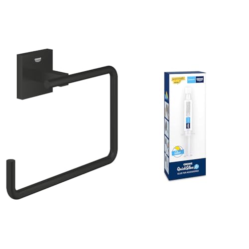 GROHE Start Cube - Handtuchring- Set (Material: Metall, inkl. QuickGlue A1: Klebeset für einen Klebepunkt, verdeckte Befestigung), matt schwarz, 409752430 von GROHE