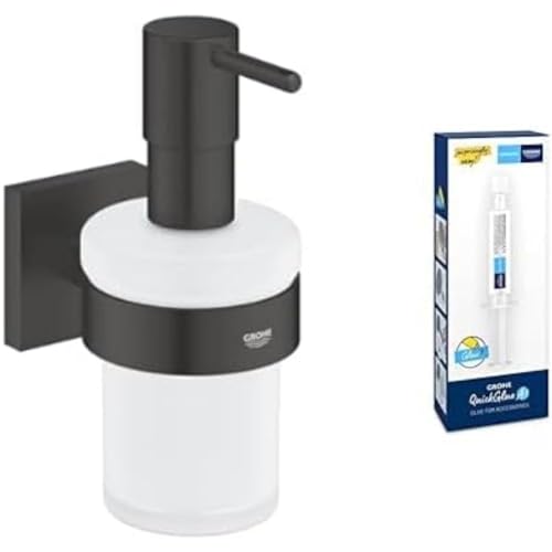 GROHE Start Cube - Seifenspender mit Halter- Set (Material: Glas/Metall, inkl. QuickGlue A1: Klebeset für einen Klebepunkt, verdeckte Befestigung), matt schwarz, 410982430 von Grohe