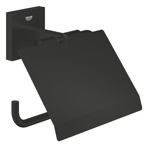 GROHE Start Cube, Toilettenpapierhalter WC ohne Bohren (Klopapierhalter, zum Kleben und Bohren, mit Schrauben & Dübel, Kleber separat kaufen, verdeckte Befestigung), eckig, schwarz, 411022430 von GROHE
