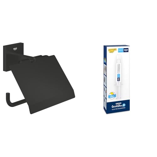 GROHE Start Cube - WC- Papierhalter- Set (Material: Metall, inkl. QuickGlue A1: Klebeset für einen Klebepunkt, verdeckte Befestigung), matt schwarz, 411022430 von GROHE