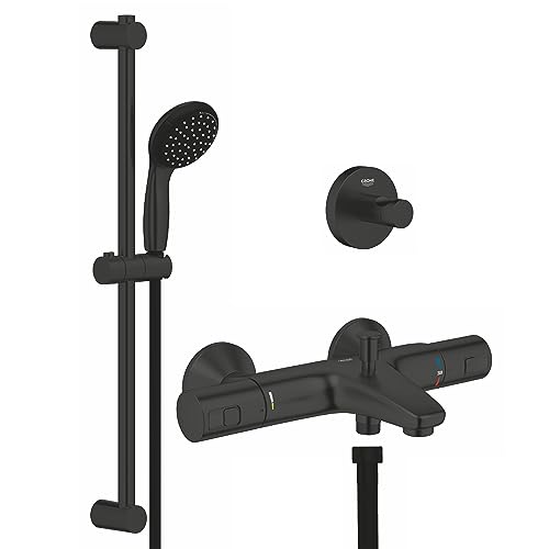 GROHE Start - Dusch- Installationsset (inkl. Brasuestangenset, Brauseschlauch, Wannenthermostat, Handbrause mit 2 Strahlarten + Bademantelhaken), rund, matte black von GROHE