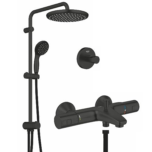 GROHE Start- Dusch- Installationsset (inkl. Duschsystem mit Umstellung, Wannen- Thermostat + Bademantelhaken), rund, matte black von Grohe