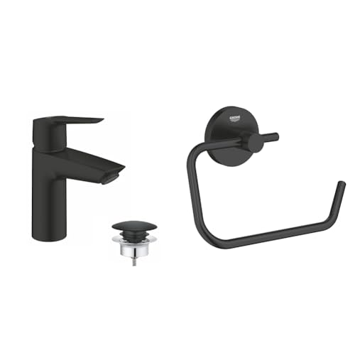 GROHE Start - Einhand-Waschtischbatterie & Start - WC-Papierhalter (ohne Deckel, verdeckte Befestigung, geeignet zum Bohren oder Kleben), matt schwarz, 412002430 von Grohe