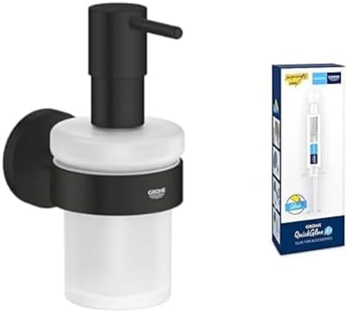 GROHE Start - Glas mit Halter- Set (Material: Glas/Metall, inkl. QuickGlue A1: Klebeset für einen Klebepunkt, verdeckte Befestigung), matt schwarz, 411952430 von Grohe