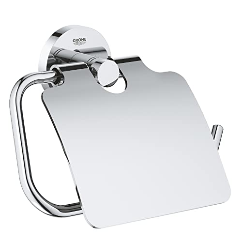 GROHE Start, Toilettenpapierhalter WC ohne Bohren (Klopapierhalter zum Kleben und Bohren geeignet, mit Schrauben & Dübel, Kleber separat kaufen, mit Deckel, verdeckte Befestigung), chrom, 41179000 von GROHE