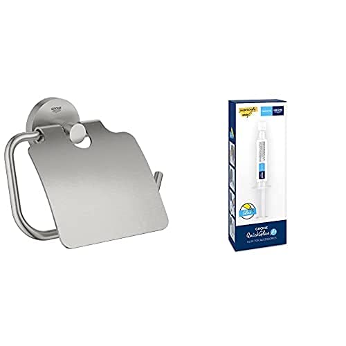 GROHE Start - Papierhalter (Material: Metall, verdeckte Befestigung, mit Deckel, langlebig), supersteel, 41179DC0 + Kleber für Badaccessoires von GROHE
