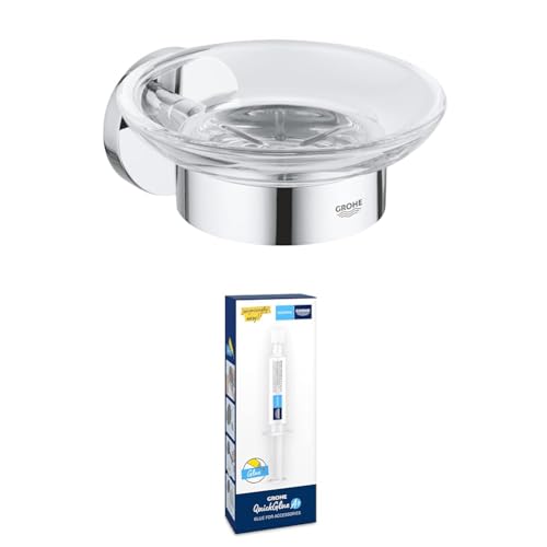 GROHE Start - Seifenschale mit Halter (Material: Glas/Metall, verdeckte Befestigung), Chrom, 41193000 + Kleber für Badaccessoires von Grohe