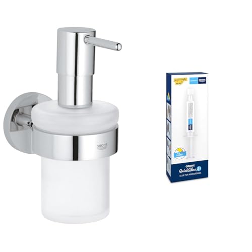 GROHE Start - Seifenspender mit Halter (Füllmenge 160ml, Material: Glas/Metall, verdeckte Befestigung, langlebig), Chrom, 41195000 + Kleber für Badaccessoires von Grohe