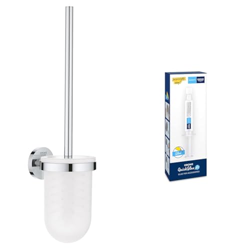 GROHE Start - Toilettenbürstengarnitur (Material: Glas/Metall, Wandmontage, verdeckte Befestigung), Chrom, 41185000 + Kleber für Badeaccessoires von Grohe