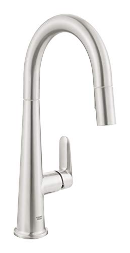 GROHE Veletto - Küchenarmatur mit herausziehbarer Spülbrause (herausziehbare Spülbrause, Umstellung: Mousseur/SpeedClean Brausestrahl, C-Auslauf), supersteel, 30419DC0 von Grohe