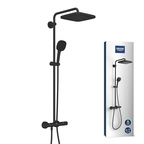 GROHE Vitalio 250, Duschsystem wassersparend 8l pro Min (Regendusche mit Thermostat, schwenkbare Kopfbrause, Sicherheitssperre bei 38°C, Duscharmatur mit Antikalk-System), schwarz, chrom, 266972431 von GROHE