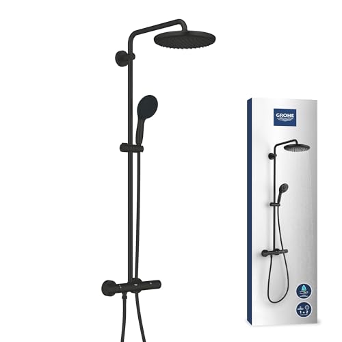GROHE Vitalio 250, Duschsystem wassersparend 8l pro Min (Regendusche mit Thermostat und schwenkbarem Kopfbrause, Sicherheitssperre bei 38°C, Duschset mit Antikalk-System), rund, schwarz, 266782431 von GROHE