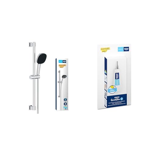 Grohe Vitalio 110 - Brausestangenset wassersparend ~8l/min + Kleber (3 Strahlarten, Brausestange 60cm, Kleben oder Bohren), eckig, chrom von GROHE