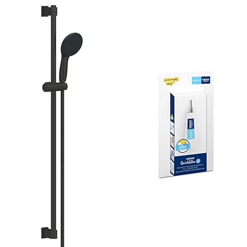 GROHE Vitalio 110 - Brausestangenset wassersparend ~8l/min + Kleber Set (2 Strahlarten, Brausestange 90cm, Kleben oder Bohren), rund, mattschwarz von GROHE