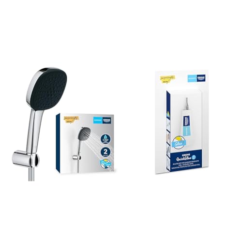 Grohe Vitalio 110 - Handbrauseset wassersparend ~8l/min + Kleber (2 Strahlarten, Standardanschluss, Silikonring schützt bei Stürzen, mit Brauseschlauch 150cm), eckig, chrom von GROHE