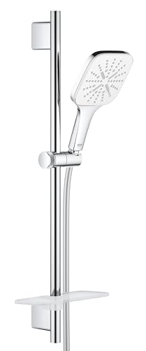 GROHE Vitalio 110, Duschset wassersparend, 10l pro Min (Duschstangenset mit: Duschkopf 3 Strahlarten, 1,75m Schlauch, Duschstange 60cm, mit Duschablage, an Bohrlöcher anpassbar) eckig, chrom, 26596000 von GROHE