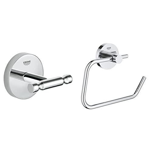 Grohe Bau Cosmopolitan - Bademantelhaken, chrom, 40461001 & Essentials - WC-Papierhalter (Material: Metall, verdeckte Befestigung, zum bohren oder kleben), chrom, 40689001 von Grohe