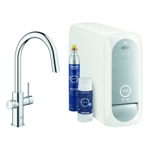 Grohe Blue Home C-Auslauf Starter Kit 31541 Einhand-Spültischbatterie, mit Kühler und WIFI, Mousseurauslauf, Farbe: Chrom von Grohe