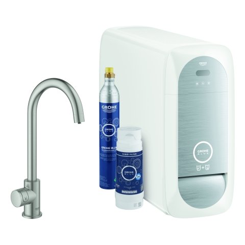 Grohe Blue Home Mono C-Auslauf Starter Kit 31498 Mono Armatur mit Filterfunktion, mit Kühler und WIFI, Farbe: Supersteel von Grohe