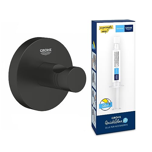 Grohe Bundle Start - Bademantelhaken (verdeckte Befestigung, geeignet zum Bohren oder Kleben), matt schwarz, 411732430 QUICKFIX A1 Kleber 41127000 von GROHE