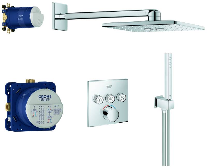 Grohe Grohtherm SmartControl Duschsystem Unterputz, mit Rainshower SmartActive 310 Cube Kopfbrause-Set, 3 Verbraucher, chrom, 34712000 von Grohe