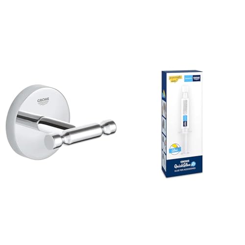 GROHE Start Cosmopolitan - Bademantelhaken (Material: Glas/Metall, vedeckte Befestigung), chrom, 41168000 + Kleber für Badaccessoires von Grohe