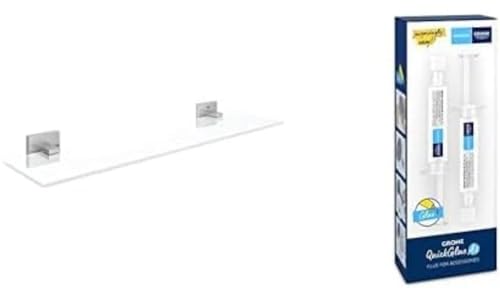 Grohe Start Cube - Glasablage (Stichmaß: 380 mm, verdeckte Befestigung, Material: Glas/Material), supersteel, 41109DC0 + Kleber- Set für BadAccessoires von Grohe