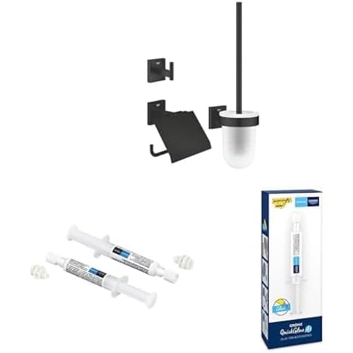 Grohe Start Cube - WC-Set 3in1 - Klebeset (Material: Glas/Metall, inkl. QuickGlue A2 (2 Klebepunkte) + QuickGlue A1 (1 Klebepunkt), verdeckte Befestigung), matt schwarz, 411232430 von Grohe