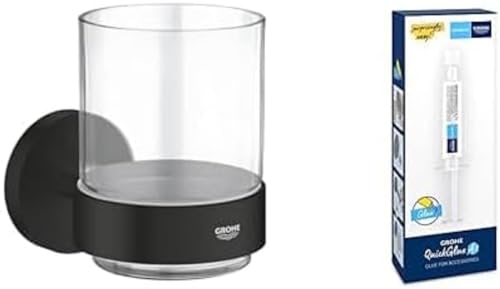 Grohe Start - Glas mit Halter- Set (Material: Glas/Metall, inkl. QuickGlue A1: Klebeset für einen Klebepunkt, verdeckte Befestigung), matt schwarz, 411942430 von GROHE