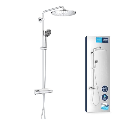 GROHE Vitalio Joy 310, Duschsystem wassersparend (31cm Regendusche, Thermostat mit Verbrühschutz, mit Duschablage, Sicherheitssperre bei 38°C, Duscharmatur mit 3 Strahlarten), chrom, 26401001 von GROHE