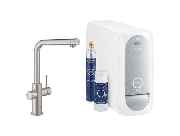 Spültischmischer Grohe Blue Home Starter Kit, herausziehbarer L-Auslauf supersteel mit Filter S-Size, CO2 Flasche und Kühler - 31539DC0 von Grohe