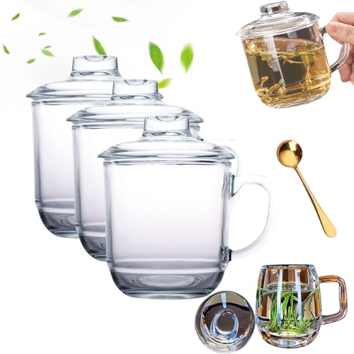 Handmade Natural Quartz Crystal Transparent Tea Cup,Crystal Transparent Tea Cup With Handle And Lid,Ideal For Tea Lovers,Clear Large Tea Glasses For Tea,Milk Etc. (3pcs) von Grolomo