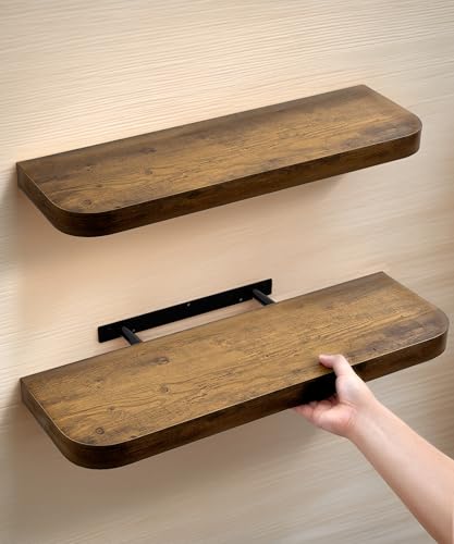 Gronda Wandregal Holz Braun 60cm, Schwberegal Industrial, Vintage, rustikal, geschwunges Design mit runden Kanten, Unsichtbare Regalbretter, Wand Dekor für Wohnzimmer, Küche, Bücher, 3,8cm hoch von Gronda