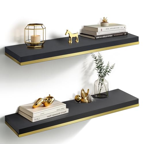 Gronda Wandregal Schwarz Schweberegal Groß Regal Wand Metall Regalbrett Holz für Deko 2er Set Modern für Küche Badezimmer Projektor Wohnzimmer Büro von Gronda
