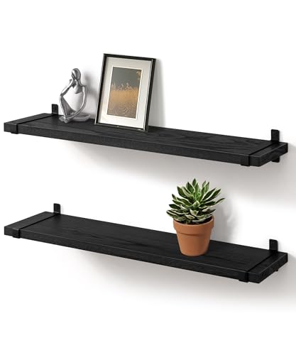 Gronda Wandregal Schwarz Schweberegal Holz 60cm 2er Set Regalbrett mit Halterung Schwarz Metall Modern Deko Wandregal KüChe Badezimmer Wohnzimmer Schlafzimmer für Aufbewahrung Organisation von Gronda