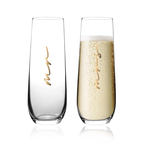 GroomBrideGifts Mr and Mrs Champagnerflöten, Hochzeitsflöten für Braut und Bräutigam, Kristall-Weingläser ohne Stiel für Hochzeit, Brautpaare und Verlobung von GroomBrideGifts