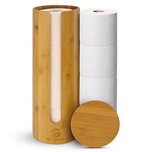 GROOVANO Ersatzrollenhalter aus Bambus für 4 Rollen, Toilettenpapierhalter Holz, Toilettenpapier Aufbewahrung, WC Klopapieraufbewahrung, Toilet Paper Storage mit Deckel, Klorollenaufbewahrung - Grey von Groovano