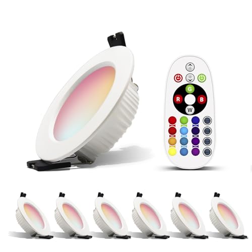 Großcat LED Einbaustrahler 230V 7W Ultra Flach Led Spots, Warmweiß 3000K RGBW mit IR Controller Deckenstrahler Farbwechsel Farbige Dimmbare Einbauspots Rund Deckenspots, 6 er Set von Großcat