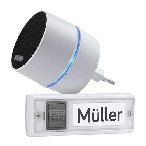 Grothe Mobile Funkklingel Türklingel Funkgong Set mit Haustürklingel Kabellose Türglocke 500m Reichweite 13 Melodien Steckdosenbetrieb Weiß CALIMA 400 (Optische Signalanzeige durch farbigen LED-Ring) von GROTHE
