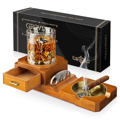 Grovind Zigarren Aschenbecher Geschenkset mit Zigarrenschneider, Whiskyglas-Tablett und Holzaschenbecher Outdoor Aschenbecher für Zigaretten, Zigarrenzubehör Tolle Dekoration für Home Office von Grovind