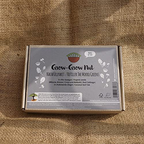 Grow-Grow Nut, Nachfüllpaket"The Mikro Greens", 3x Bio-Saatgut (Kresse, Mizuna und Rotkohl) + 3x Kokoserde-Ziegel von Grow-Grow Nut