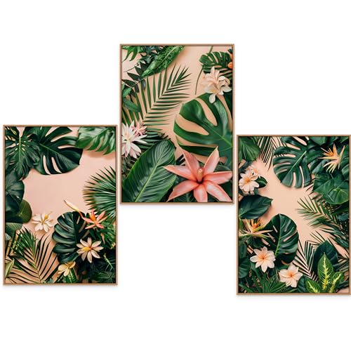 GrowArt - 3er-Poster mit grünen Blättern auf rosa Hintergrund im A3-Format ohne Rahmen | hochwertiger Fotodruck | außergewöhnliche Wanddekoration für Naturliebhaber | Motive nur bei uns erhältlich | von GrowArt