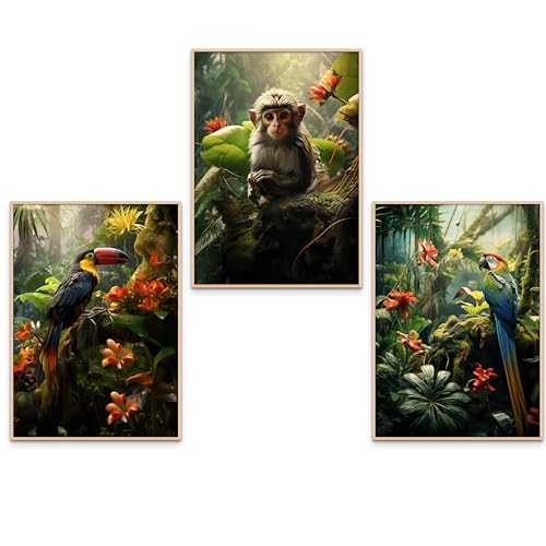 GrowArt - 3er-Poster mit Affe, Tukan und Papagei im A3-Format ohne Rahmen | hochwertiger Fotodruck | außergewöhnlicher Wandschmuck für Dschungelliebhaber | Motive nur bei uns erhältlich | von GrowArt
