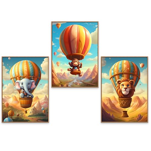 GrowArt - Premium Poster Set im A3-Format - Märchenhafte Tiere im Heißluftballon fliegen, perfekt für das Kinderzimmer. Buntes Bild. DREI Fotos, die eine Komposition ohne Rahmen bilden. von GrowArt
